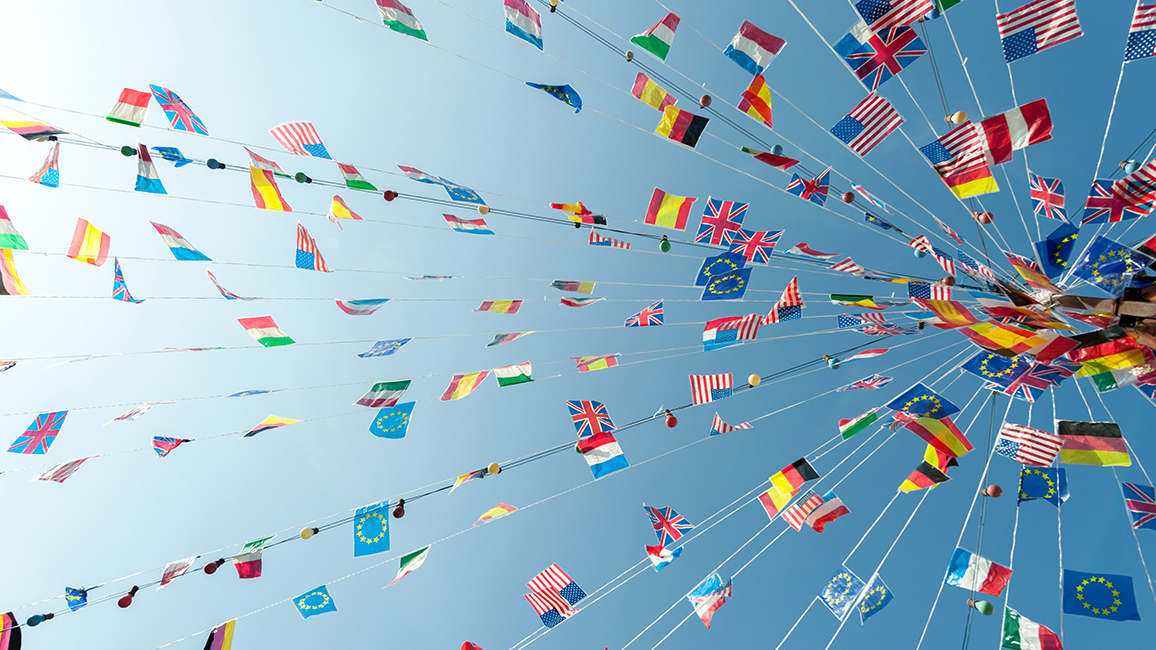 Flaggen der Europäischen Union und ihrer Mitgliedstaaten wehen im Wind.